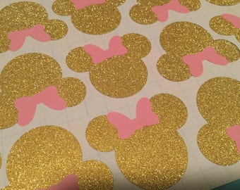 2" size vinyl minnie mouse head with a gold or silver glitter bow stickers ( 15 heads )