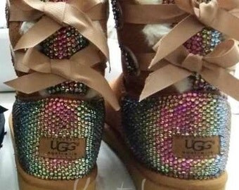 Bling Ugg Bailey Bow, Women's Custom Chestnut Ugg Boots Swarovski Crystal Bling Australian Fur Boots, Snow Boots, Bling Boots