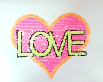 Cute Neon Sequins Love Heart Iron On Patch Free Shipping!