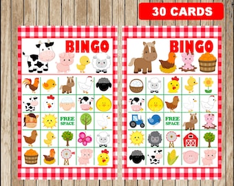 Printable 30 Farm Bingo Cards; printable Farm Bingo Game, Farm party Bingo game instant download