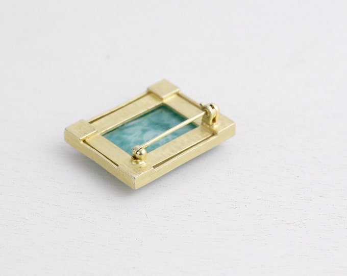 Vintage peking glass brooch, green carved glass ladies accessory pin ca 1940s, square pin, rectangular brooch ladies accessory gift idea