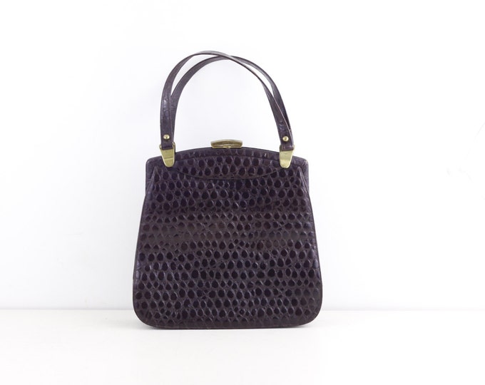 Vintage leather handbag, chestnut brown top handle bag, faux croc embossed ladies purse, retro fashion statement, mid century purse