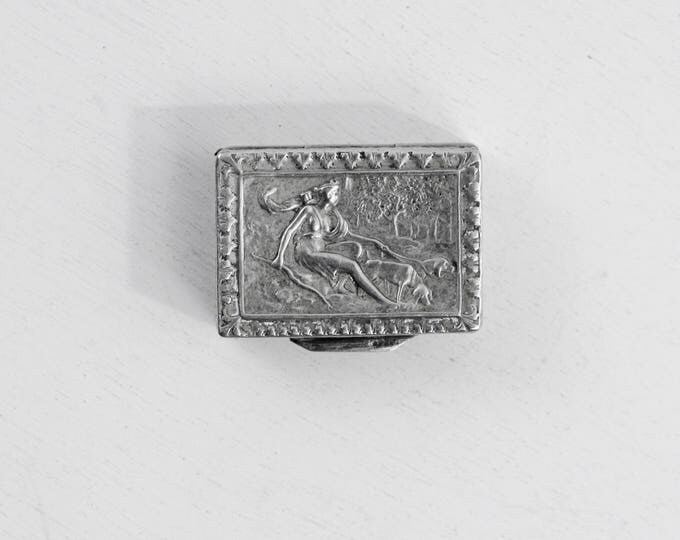 Italian silver pillbox, goddess Diana and her hounds, Greek deity themed pill box or snuff box, small silver, collectible silver trinket box