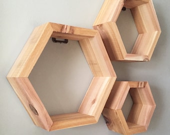 Set of 3 Rustic Cedar Hexagon Shelves