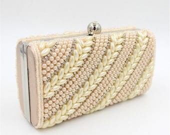 Blush & Ivory Double Sided Pearl Bead Clutch Bag Wedding Prom BAG 60
