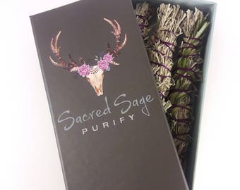 Sage Smudge Stick Trio: Lavender, Sage, Rosemary - LIMITED EDITION - Gift Box of 3 Clears Negativity, Meditation, Cleansing, Spiritual, Yoga