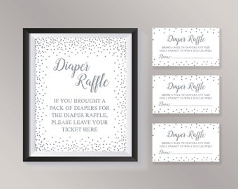 Diaper Raffle Ticket, Diaper Raffle Sign, Baby Shower Games Printable, Silver Confetti Baby Shower game ideas, Polka Dots Baby Diaper Raffle
