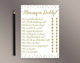 Mommy or Daddy Game, Funny Baby Shower Games, Gold Baby Shower ideas, Baby Shower activity, Baby Shower Quiz, Guessing game, Activities,