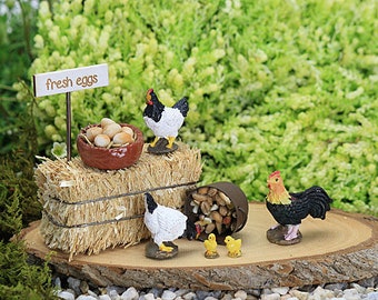 Chicken & Free Range Egg Set, Cockerel, Chicks, Hay Bale, Basket of Eggs, Farm Animal, Fairy Garden Accessory, Miniature Garden, Farm Yard