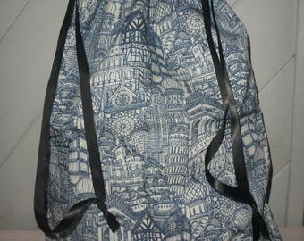 pouch bag white cotton linen and monuments of the world 42 cm x 30 cm