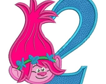 Poppy Trolls 2nd Birthday Applique Design 3 sizes instant download