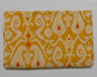 Vintage Handmade Ikth Print Kantha Bedspread Queen Size Cotton Blanket