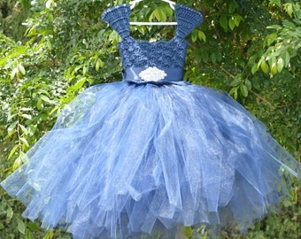 Navy Flower Girl Dress Crochet Tutu Dress Baptism Christening Blessing Wedding Bridal Party Birthday Dress Pageant Dress