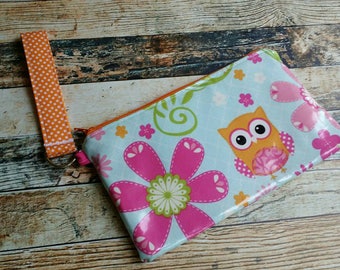 Clutch Wristlet Phone Case Laminated Cotton Fabric Owl Water Resistant Dirt Repellent Beach Pool Summer Zippered Handbag