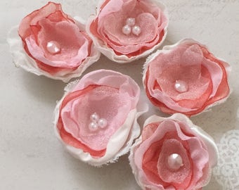 Fabric Flower Embellishments Soft Pink Orange and White Satin Sew on Flowers for Wedding and Hair Accessories, Journals, Craft Projects