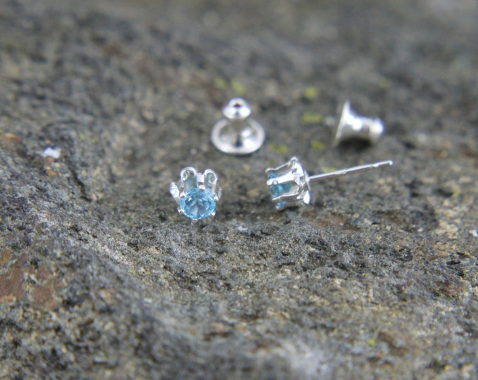 Swiss Blue Topaz Silver Post Earrings, 6 Prong Gemstone Studs, 4mm Gemstone, December Birthstone, Sterling Buttercup Setting & Bullet Clutch