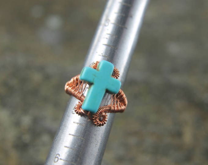 Copper Wire Weave Cross Ring Size 4.5, Wire Wrap Beaded Jewelry, Turquoise Howlite, Unique Religious Gift for Him or Her
