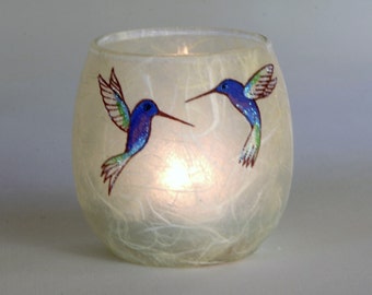 Humming Bird candle holder votive - cute hand painted glittery birds on warm natural cream strawsilk