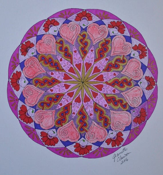 Valentine Zentangled Hearts and Flowers Torus Mandala Coloring