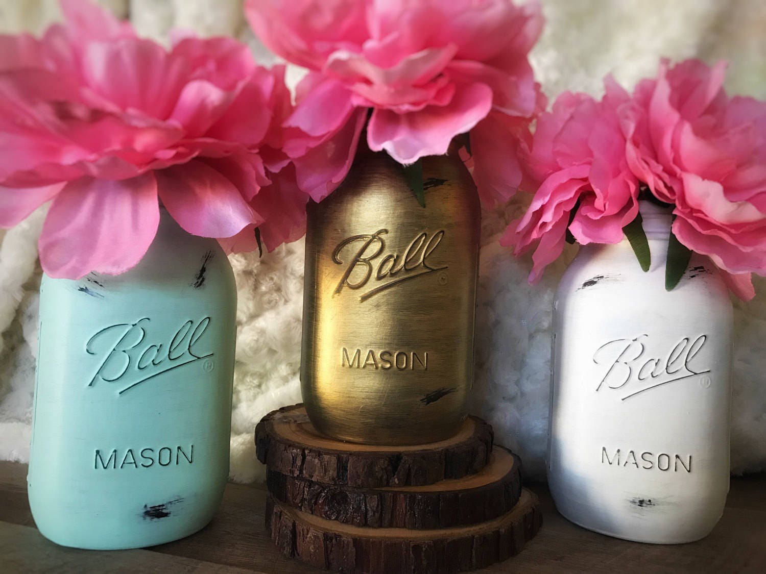 Mint Gold and White Mason Jars Dorm Decor Painted Mason