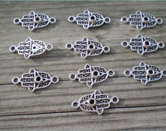 Silver Lucky Hand Links, Set of 10, Evil Eye Connectors