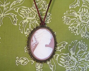 Cameo necklace, long necklace, lavender cameo, handmade jewelry, womans jewelry