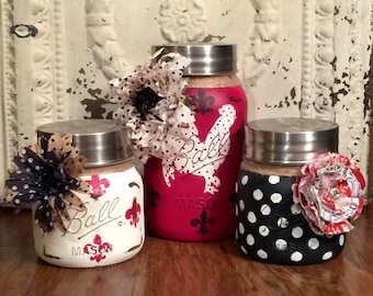 Painted Mason Jars, Mason Jar Decor, Kitchen Canisters, Kitchen Decor, French Country Decor, Rooster Decor, Rustic Decor, Mason Jars