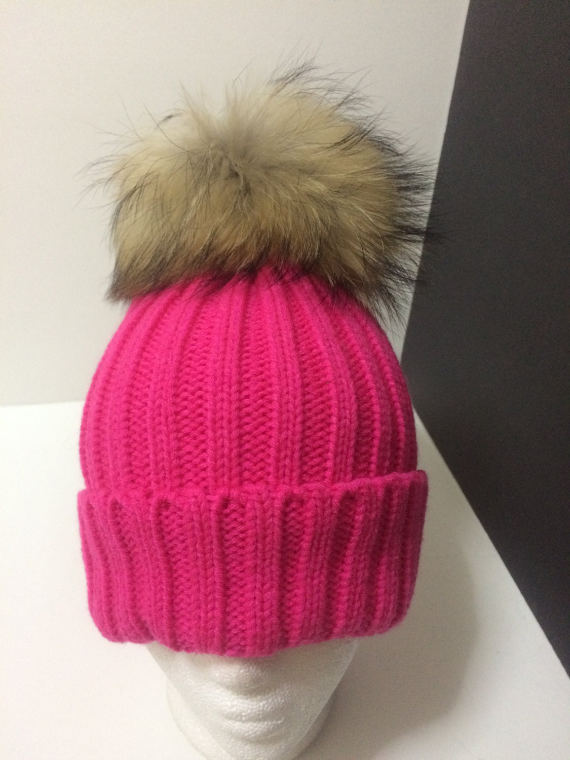 Hot Pink Beanie hat Fur Pom pom Pink Beanie with Removable