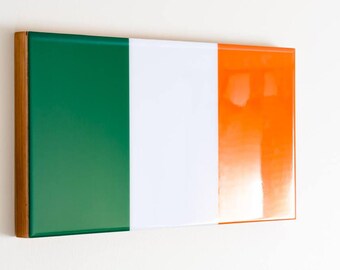 Handmade Ireland Flag mounted on cradled wood panel with high gloss epoxy resin coating.