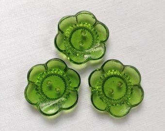 3 vintage green glass flower buttons c1940s