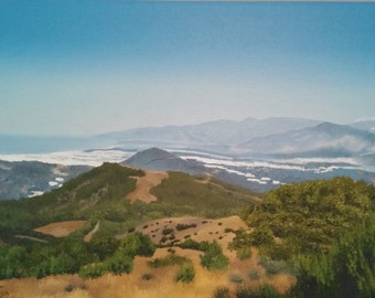 Oil painting on canvas. City between the mountains.