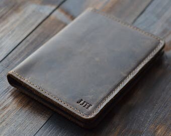 Personalized Leather Passport Wallet, Distressed Leather Travel Wallet, Passport Holder, Leather Passport Cover, Chestnut Brown