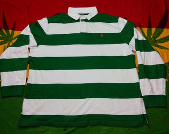 Vintage Polo by Ralph Lauren Rugby Collar Long Sleeve Shirt Horizontal Green Stripe Small Embroidery Polo Extra Size