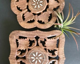 Set of 2 vintage carved wood trivets with inlay