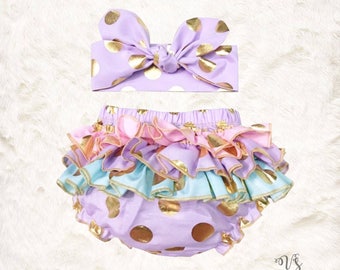 Baby Girl Outfit, ruffle diaper cover bloomer bottom, New Baby Gift, Purple and pink , Unicorn birthday outfit, cake smash, gold