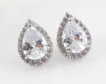 Adrienne - Bridal Teardrop Earrings, Bridal CZ Stud Earrings, Crystal Earrings, Halo Stud Earrings, Cubic Zirconia, Bridesmaid Earrings