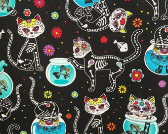 Cat fabric - sugar skull skeleton - black cat cotton - fun cat print - sugar skull fabric - cats and bones fabric - animal print fabric