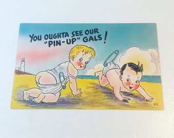 vintage unused postcard // beach bums // babies in diapers // funny // colorful // comic