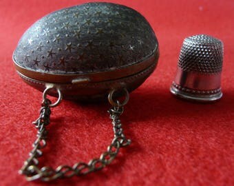 Antique 1880 Victorian Chantelaine Egg Brass Thimble Holder