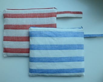 Wet bikini bag, Linen beach bag in blue or red, Wet bag, Water resistant bag, Waterproof cosmetic bag, Mothers day gift, summer beach bag