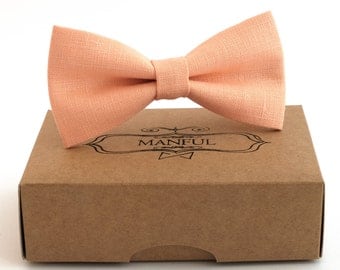 Peach bow tie, wedding necktie, linen necktie, groomsmen necktie, peach necktie, peach bow tie for men