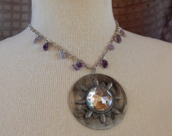 Silver disk with round crystal pendant necklace with amethyst chips