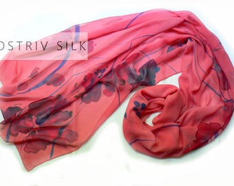 Hand-painted,hand-dyed silk scarf, extra large silk shawl, rose, coral, silk wrap, FREE SHIPPING! Echarpe, étole en soie peint à la main