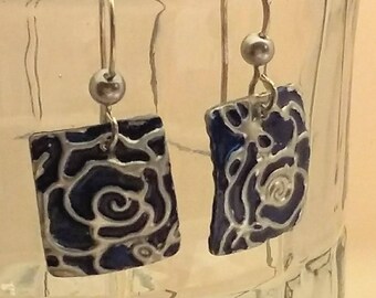 Navy blue rectangle shaped embossed aluminum earrings