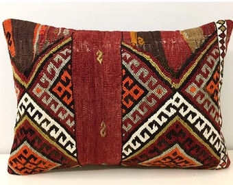 Turkish Kilim Pillow Cover, 14X20 Turkish Rug Pillow, Boho Kilim Pillows, Outdoor Pillow, Turkish Vintage Wool Kilim Cushion Case Covers