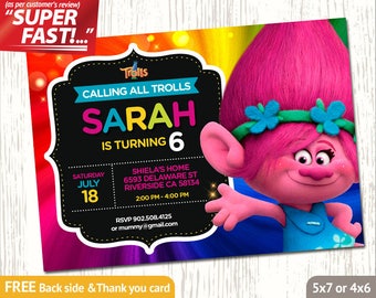 TROLLS POPPY INVITATION, Trolls Birthday Invitation Girl, Trolls Invitation, Trolls Party Invite, Trolls Thank You Card, Poppy Invite, v5g