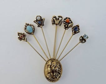 Reserved for Maria Josefina Dorr VINTAGE Goldette Faux Gemstones Stick Pin Brooch 7 Pins Gold Metal Cameo