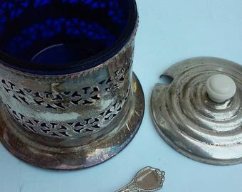 Vintage Sugar Bowl COBALT Blue Glass Celtic Quality Silver Plate