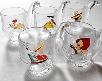 Set of 5 drink glasses advertising shaped pipe. France 1960