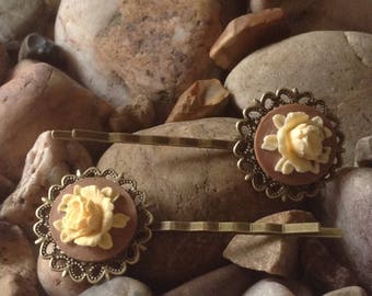 Coffee Bronze Vintage Peony Flower Cameo Hair Bobby Kirby Clips Grips Slides Pins - Handmade - Brand New